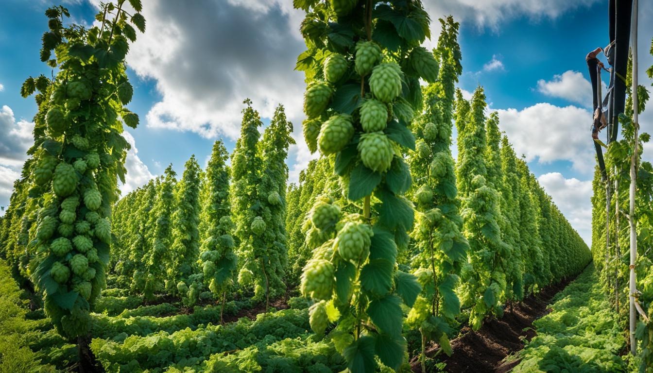 Lush green hop field under a blue sky